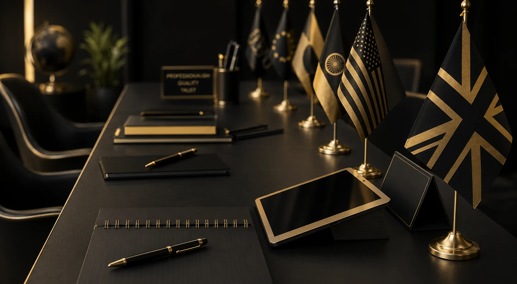 Flags of several countries on a meeting table with a notebook and a tablet