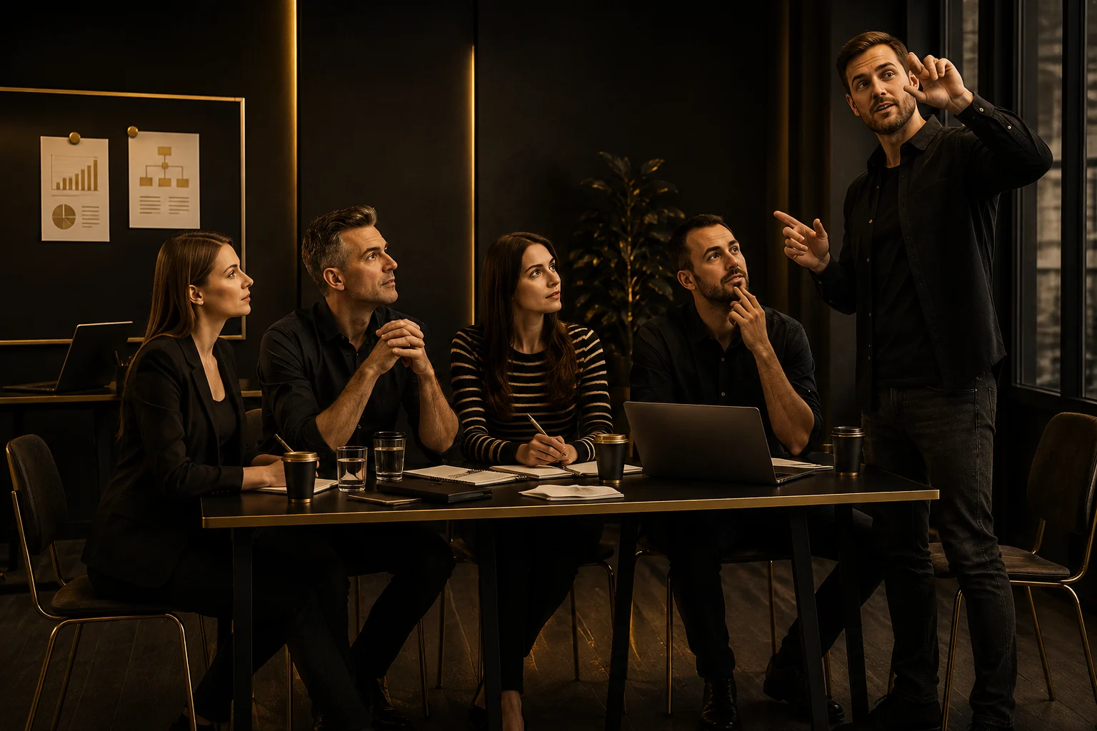 Kiscsoportos szakmai angol óra, az oktató magyaráz a résztvevőknek
