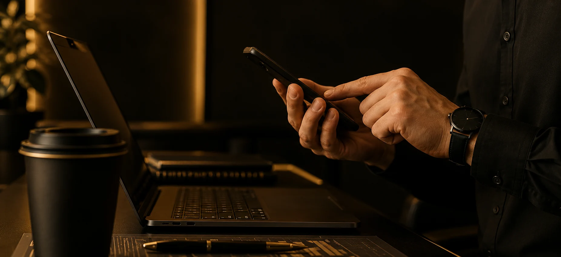 Man typing a message on his phone next to his laptop